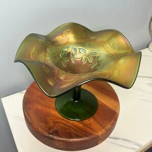Green Carnival Glass Pedestal Compote Bowl Grape & Leaf Pattern Iridescent Glass